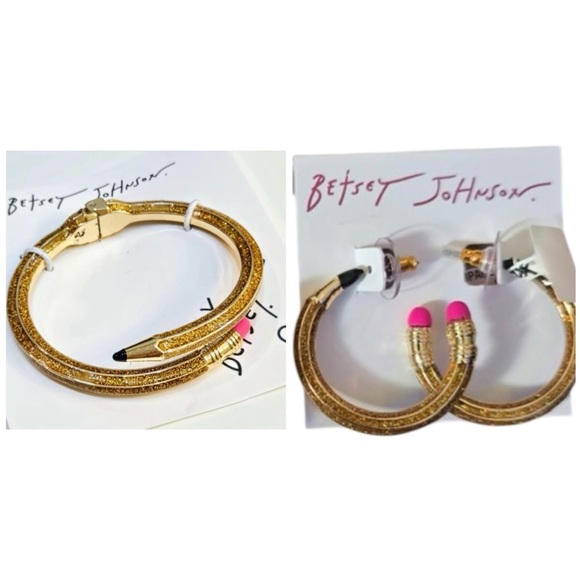 BETSEY JOHNSON SET Back to School Gold Pencil Hinged Bracelet & Earrings NEW NWT - Picture 1 of 10